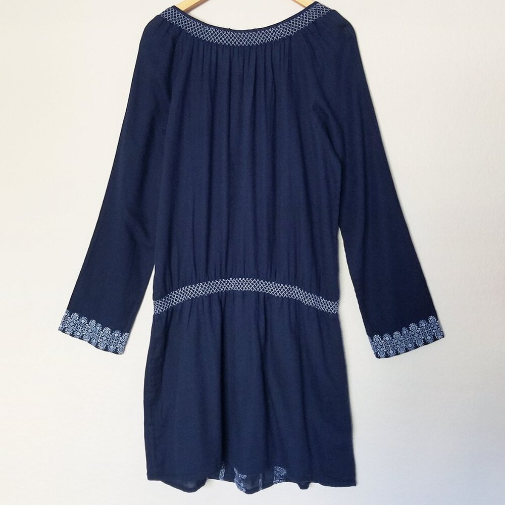 Lucky Brand Embroidered Mini Peasant Dress Long Sleeve Drop Waist Blue XL Cotton - Picture 3 of 14